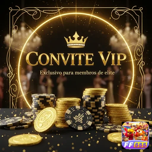 Convite VIP para evento de cassino no ff555, com design luxuoso e temáticas de jogo.